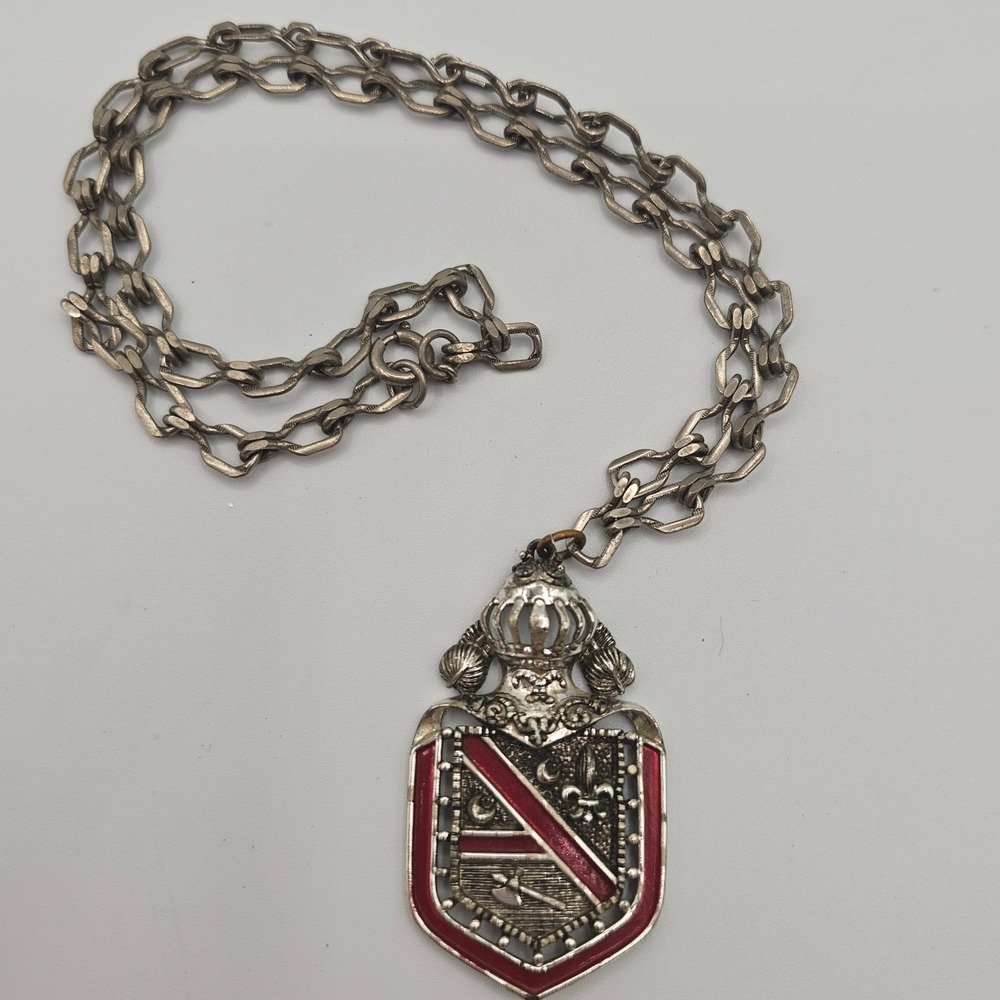Medieval Style Crest Shield Pendant Necklace Heraldic Silver Tone Red Crown - Picture 2 of 10